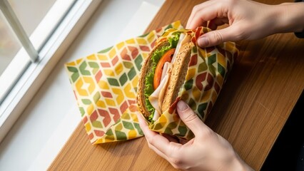 Hands wrapping a fresh sandwich in a reusable beeswax wrap on a wooden board by a window.