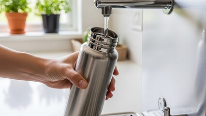 Person filling a reusable metal water bottle from a kitchen faucet, promoting sustainability and hydration.