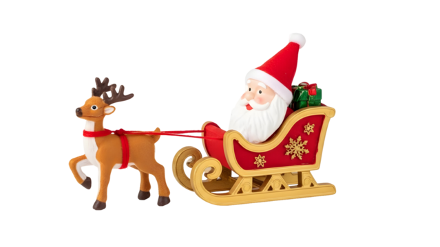 Santa claus and reindeer sleigh figurine with present, festive holiday decor - Powered by Adobe