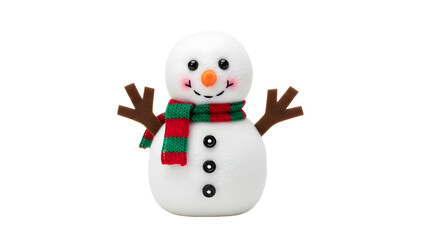 Cheerful snowman toy with colorful striped scarf on an isolated background