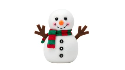 Cheerful snowman toy with colorful striped scarf on an isolated background