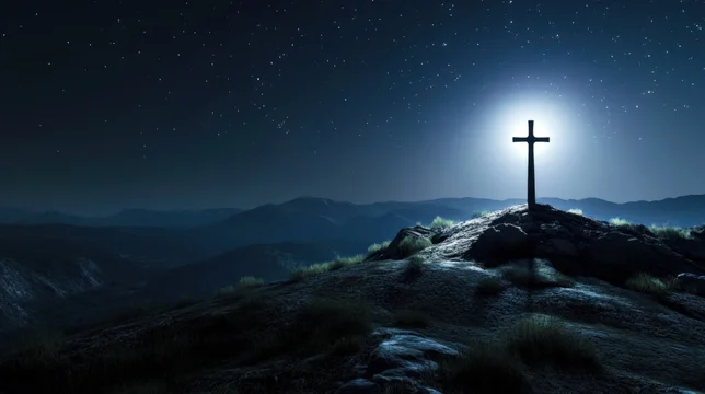 Night Mountain Peak with Large Cross Under Stars