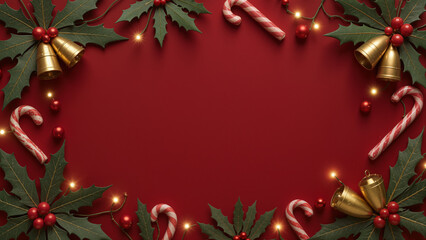 Christmas flat lay composition with golden bells, candy canes, and holly leaves on red background. Festive holiday frame border with copy space for text.