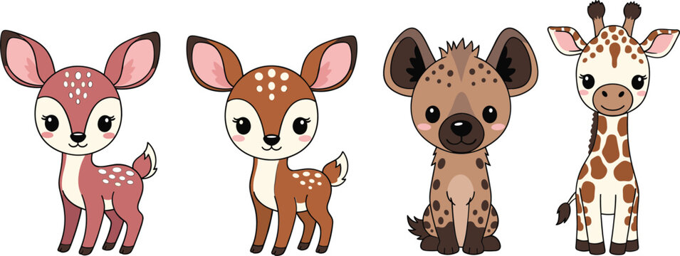 Cute baby animal cartoon illustration set with deer fawn hyena cub and giraffe for kids vector design