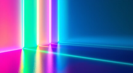 A vibrant neon lit room with colorful reflections on the floor and walls