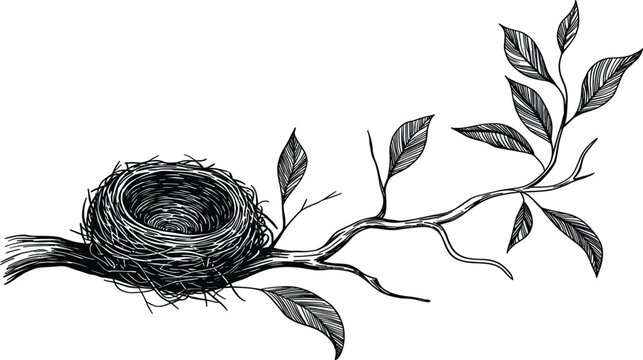 Detailed black and white vector engraving of a bird's nest resting on a leafy branch, symbolizing nature, spring, ecology, and vintage drawing style
