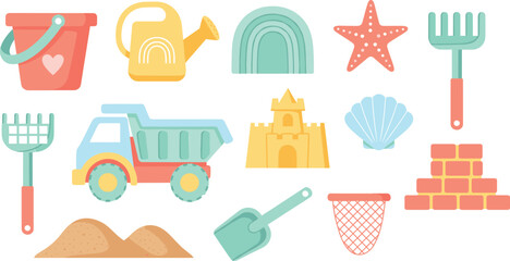 Cute beach and sandbox toy illustration set with bucket shovel truck shell and summer kids play elements © Sumon Creative