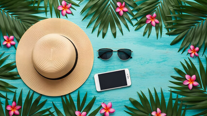 Tropical summer flat lay with hat, sunglasses, and smartphone