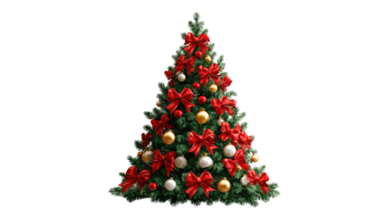 Festive Christmas Tree with Red Bows and Decorations: A vibrant, decorated Christmas tree, adorned with bright red bows and ornaments, stands as a symbol of holiday cheer. A touch of festive decor.