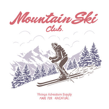 Mountain Ski club logo vector retro illustration skier adventure on mountain snow nature national park. Vintage outdoor apparel design