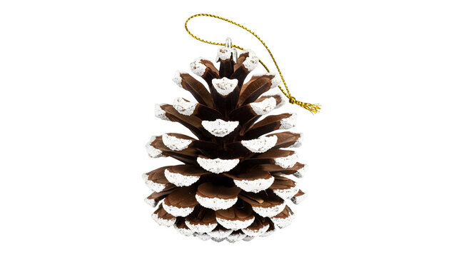 Snow-dusted pine cone ornament with golden string, winter holiday decoration - Powered by Adobe