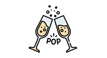 Two champagne glasses toasting with bubbles and POP text a celebratory vector illustration for events and parties isolated on white
