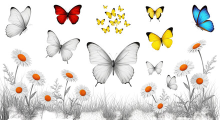 Vibrant Butterflies Flying Over Grayscale Daisy Flowers Spring Meadow Design Element