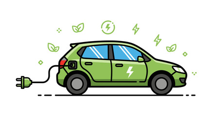 Obraz premium Green electric car charging with a plug and cable symbolizing eco-friendly transportation and clean energy for a sustainable future