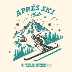 Apres Ski logo vector vintage illustration skier adventure on mountain snow pine tree nature national park