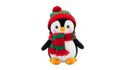 Charming plush penguin toy dressed in a vibrant red and green striped knitted winter hat and matching scarf, standing upright for festive cheer.