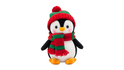Charming plush penguin toy dressed in a vibrant red and green striped knitted winter hat and matching scarf, standing upright for festive cheer.