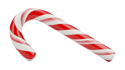Red and white striped candy cane, a classic holiday treat, isolated on a white background, perfect for festive designs.