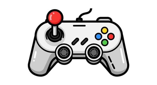 Classic video game controller featuring a red joystick and vibrant buttons rendered in a charming flat cartoon style perfect for gaming technology and entertainment designs