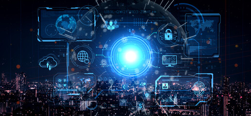 A futuristic command center interface for managing a global technology platform. The dashboard includes data security, network administration, and biometric user authentication. Fermion