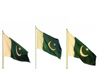National flag of Pakistan on a flagpole in front of blue sky, Flag of Pakistan in the wind on the blue sky background, Black and white, 1947
