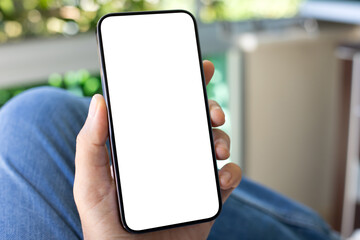 man hand hold phone with isolated screen background jeans cafe