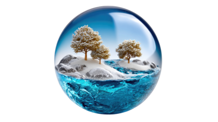 World Within: A mesmerizing glass sphere encases a miniature island ecosystem, where pristine waters cradle a trio of trees. A vibrant realm encapsulated within a clear, spherical shell.