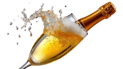 Effervescent Champagne: A champagne bottle is artfully poised, pouring into a glass, with sparkling bubbles, and a splash, perfect for celebration