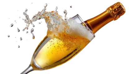 Effervescent Champagne: A champagne bottle is artfully poised, pouring into a glass, with sparkling bubbles, and a splash, perfect for celebration