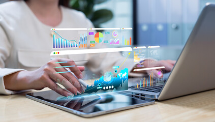 Businesswoman analyzing financial data with stock market charts, digital dashboard and performance indicators. Suitable for trading strategies and investment forecasting.