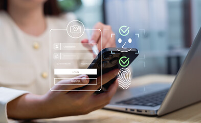 Businesswoman using digital KYC interface with face scan and fingerprint icons, highlighting biometric identity verification, financial security, and protected personal data access.
