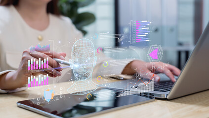 Businesswoman interacting with automated data management platform to generate KPI reports, advanced analytics, database connectivity, and intelligent AI technology in modern business operations.