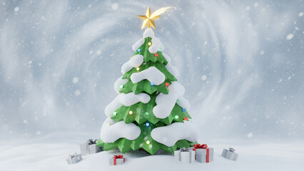 Christmas tree glowing with magical winter sparkle surrounded by festive gifts in snowy wonderland holiday celebration background