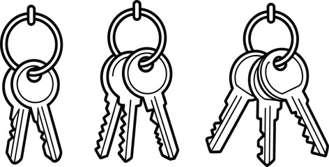 Black vector outline set of keys on keychains in various numbers, symbolizing security, home, access, property, and simple pictogram design