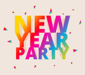 Vibrant multicolor typography design for Happy New Year Party with festive confetti and geometric shapes. Perfect for cheerful digital greetings and posters.