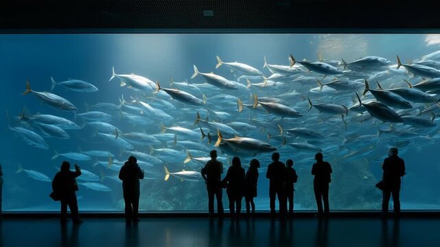 日本人が水族館で群れ泳ぐクロマグロを見上げる様子