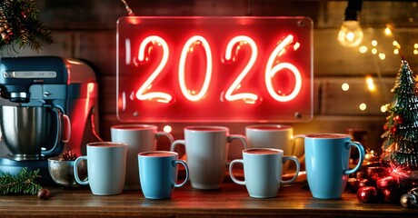 Festive scene. Bright neon sign displays 2026. Mugs sit on wooden surface near holiday decorations. Warm lighting creates cozy atmosphere.