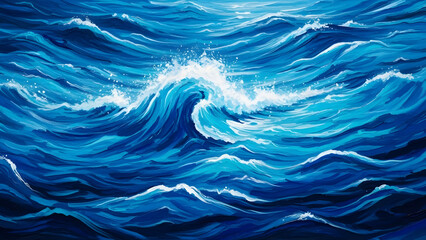 Dynamic blue ocean waves illustration with breaking wave, painted texture effect