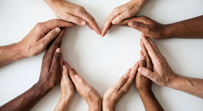 Diverse hands joining together to form a heart shape symbolizing unity