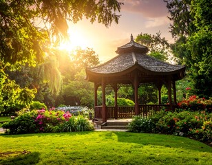 Serene oriental pagoda in a lush garden bathed in warm sunlight at golden hour