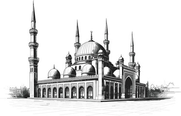 Detailed vector sketch illustration of a grand mosque with minarets and domes, symbolizing Islamic architecture, religion, Middle East, and travel