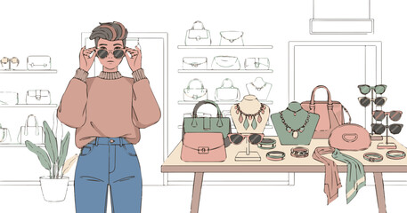 Cartoon illustration of a young woman shopping with a child and a book