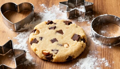 Round cookie dough with chocolate chunks surrounded by metal cookie cutters on a wooden surface, showcasing the baking process and festive preparation atmosphere