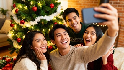 Group of young adults smiling and taking a selfie in front of a beautifully decorated Christmas tree, capturing joyful holiday moments with festive atmosphere