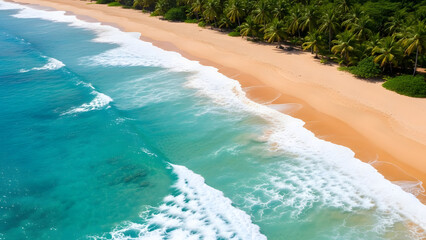 Aerial view of turquoise ocean waves crashing on a pristine tropical sandy beach