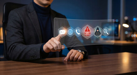 Cybersecurity professional interacting with a digital interface displaying security icons