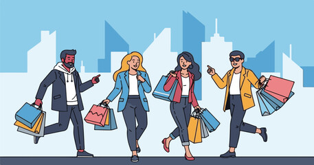 Smiling girls standing in a crowd with fashion shopping bags, a happy illustration of people enjoying business fun