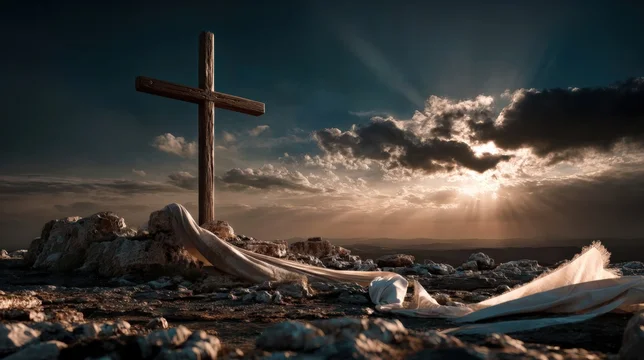 Sacred Hill Cross with Faint Veil in Soft Dawn Glo