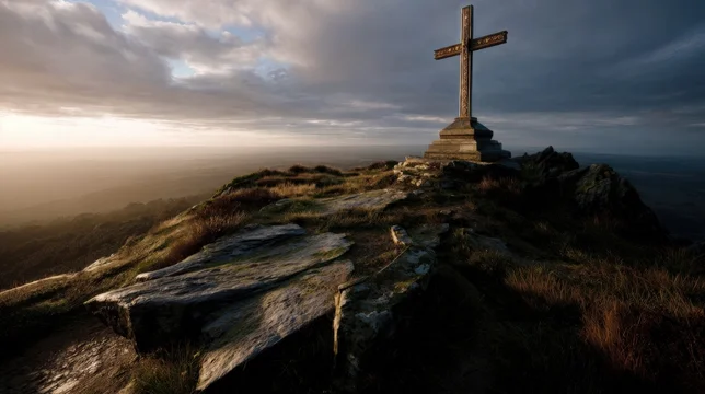 Radiant Wooden Cross Standing Over Fallen Altar