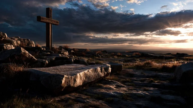 Golden Morning Cross with Weathered Stones Below